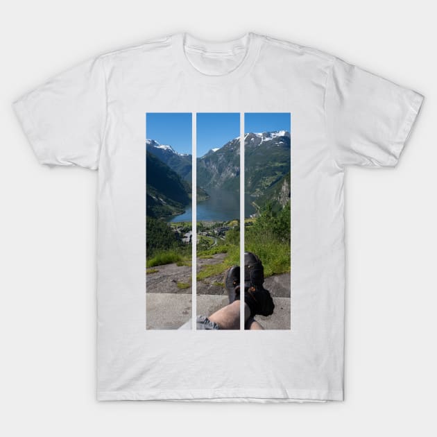 Wonderful landscapes in Norway. Vestland. Beautiful scenery of Geiranger Fjord from the Queen's Chair viewpoint. Cruise ship, winding roads, waterfall and stream. T-Shirt by fabbroni-art